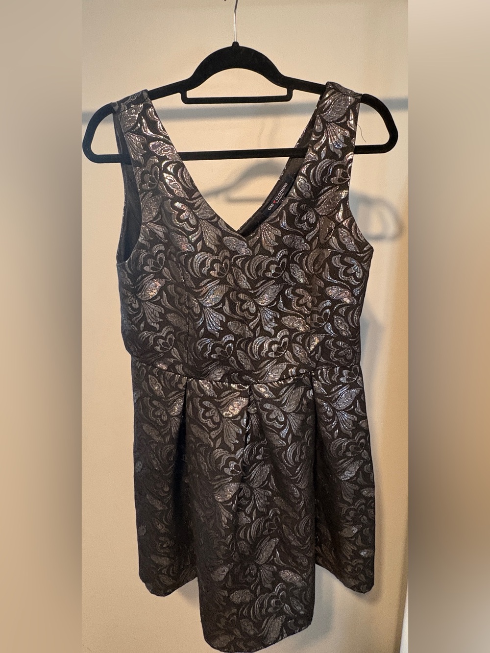 Metallic Black Jacquard V-Neck Mini Dress
